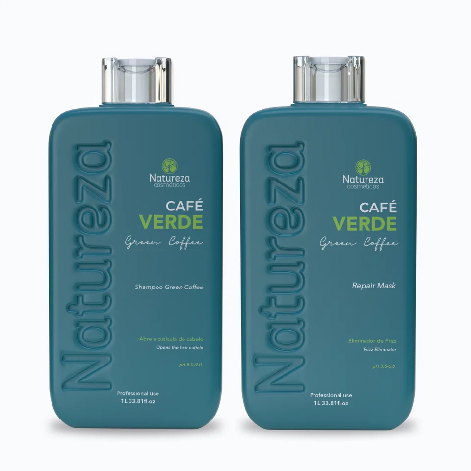 NATUREZA Cafe Verde Set – Professionele Keratinebehandeling – Step 1 Shampoo + Step 2 Keratin Volume Reducer, 2 x 1000 ml